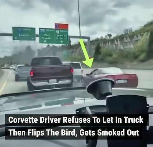 This Corvette driver must have definitely regretted flipping off the driver of this pickup truck.